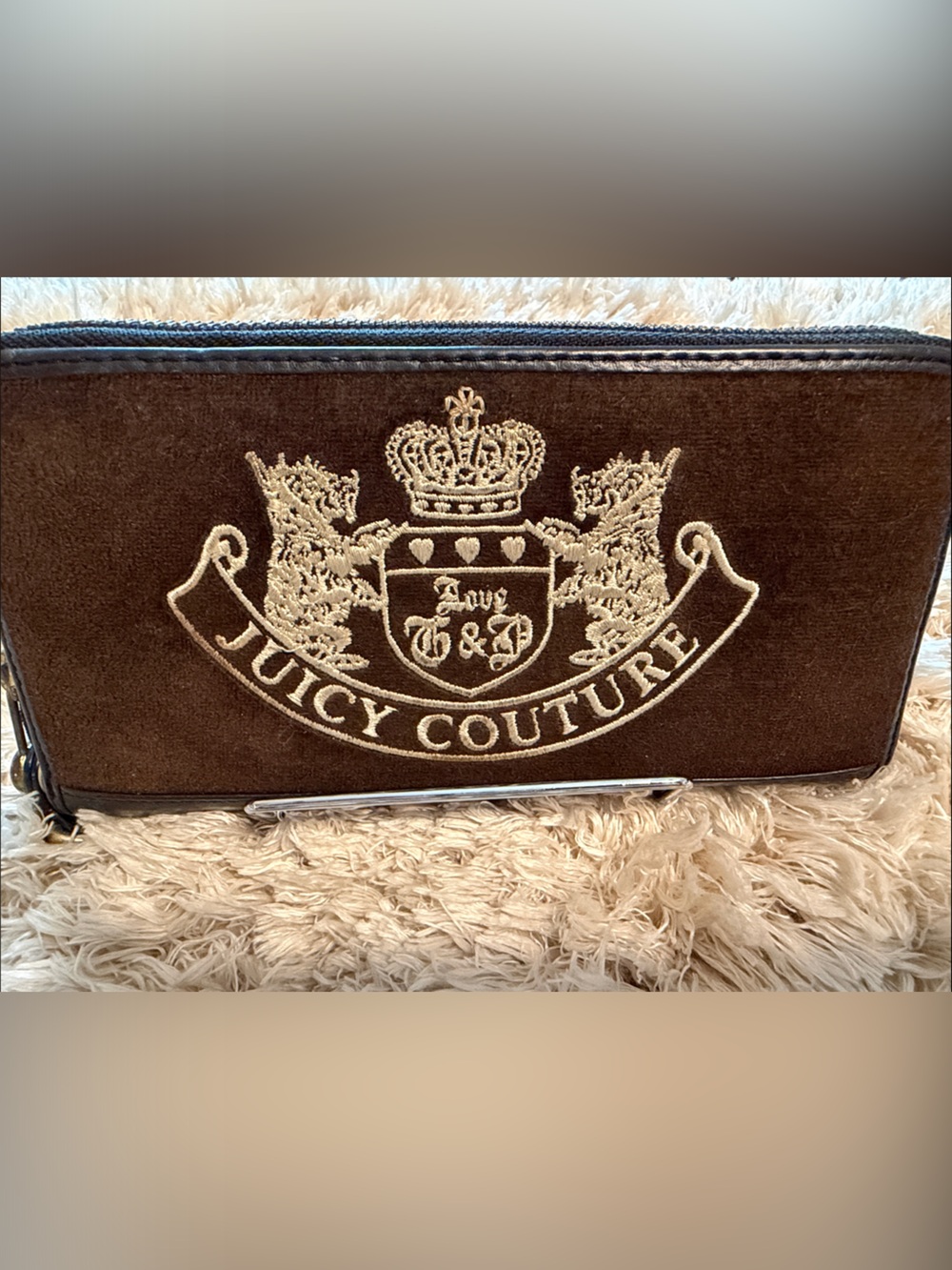 Juicy Couture Brown Velvet Crest Wristlet with Cream Embroidery